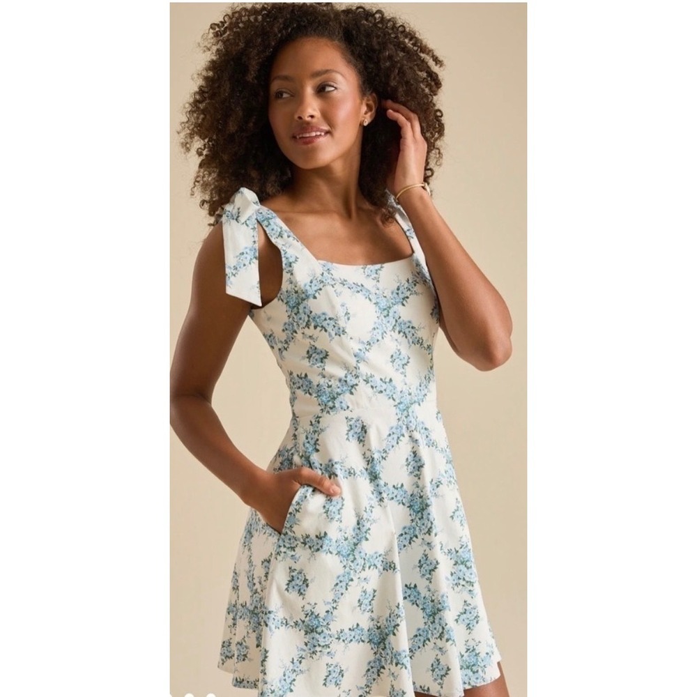 Altar'd State Blue Floral Tie Shoulder Fit & Flare Mini Dress with Pockets M